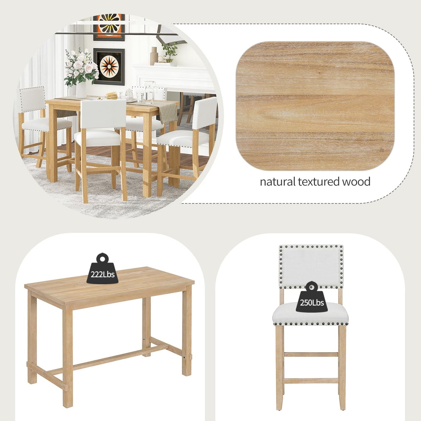 Ball & Cast 5 Piece Wood Dining Table Set with 4 Upholstered Chairs,Kitchen Table and Chairs for 4 W/ 52" Rectangle Desk,for Restaurant,Home Bistro,Natural Wood Wash