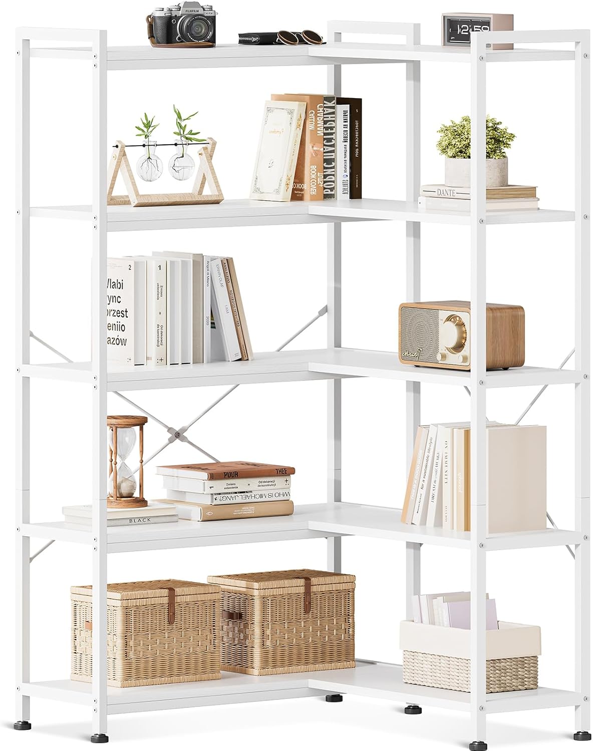 Casaottima Corner Bookshelf 5 Tier, 57 Inches Reversible Book Shelf for Living Room, Industrial Wooden Bookcase with Open Shelves and Metal Frame for Bedroom, Home Office, Kitchen, White
