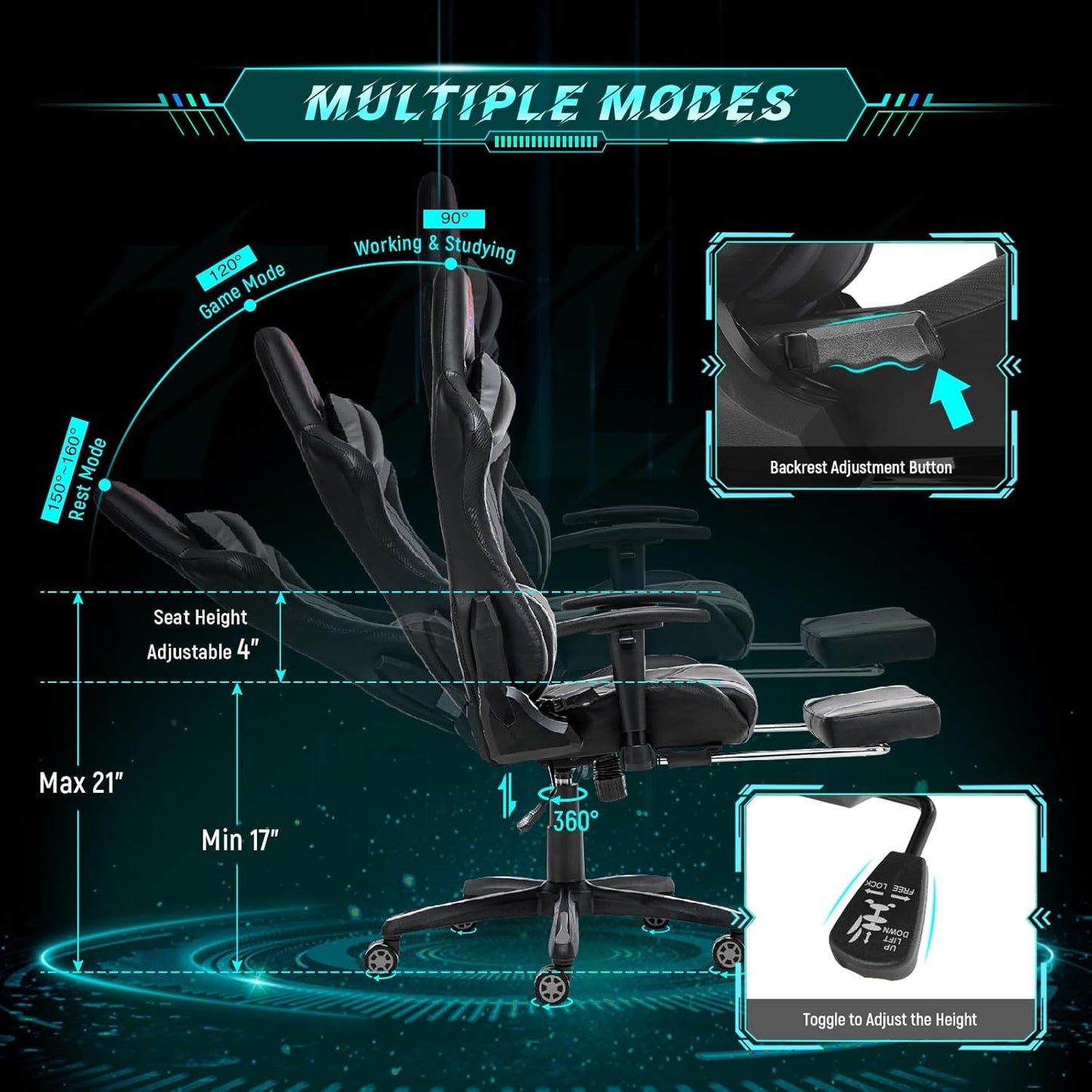 AA Products Gaming Chair Ergonomic High Back Computer Racing Chair Adjustable Office Chair with Footrest, Lumbar Support Swivel Chair - Upgraded Version BlackGrey