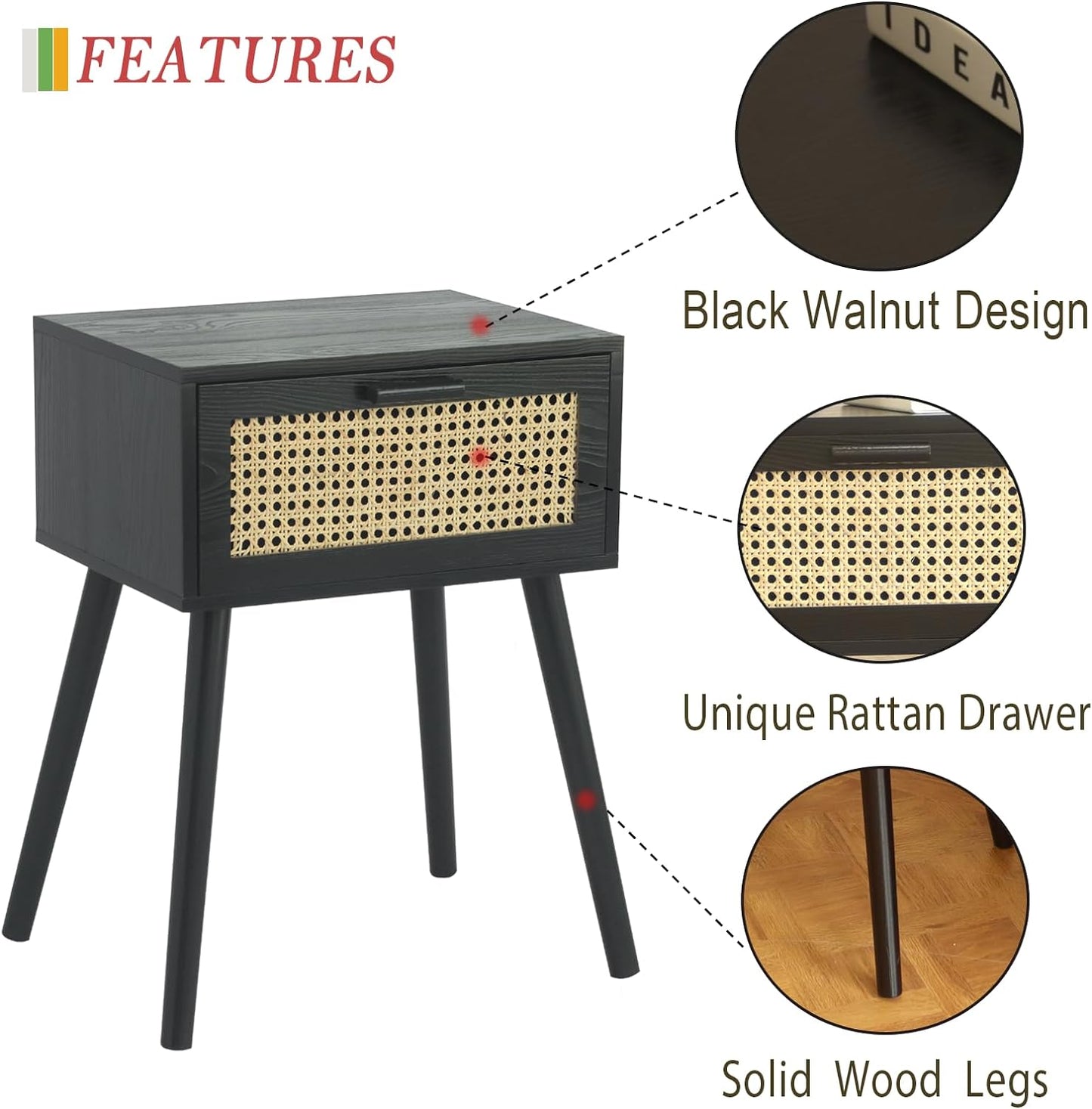 AWASEN Mid Century Modern Nightstand, Rattan Side Table with Drawer, Black Bedside Table with Storage and Solid Wood Legs for Living Room, Bedroom and Small Space (Black)