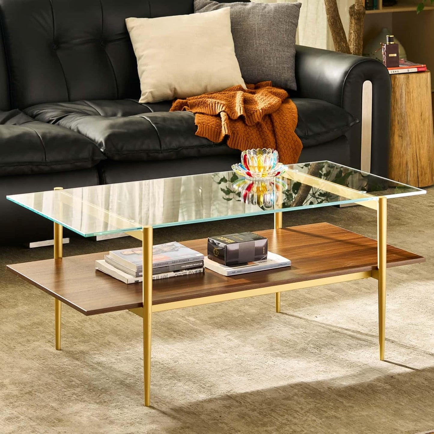 AGV LIGHTING Tadio Glass Coffee Table, Mid-Century Modern Coffee Table for Living Room, Gold Finish Leg, Clear Glass Top & Walnut Brown Wood Shelf, 41 in Length