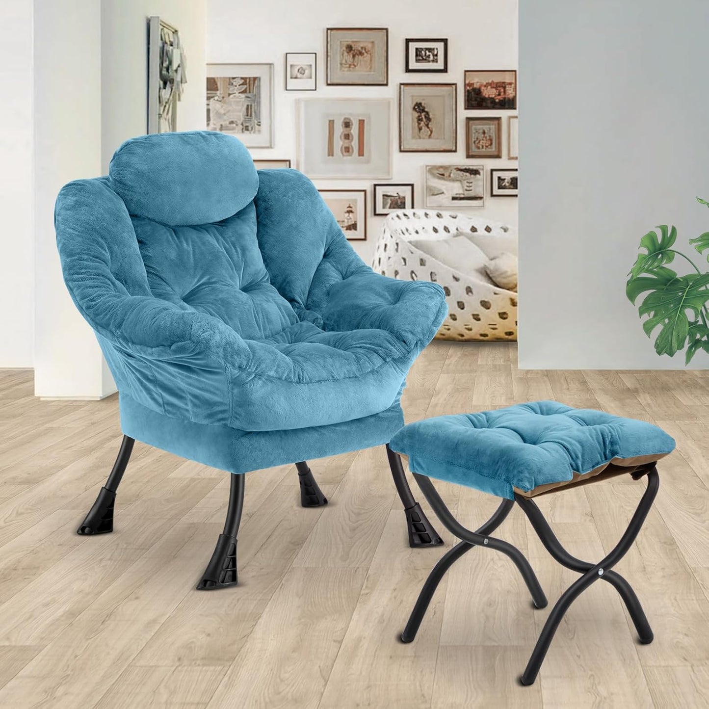 Lazy Chair with Folding Ottoman,Leisure Sofa Chair,Soft Fabric Armchair with Armrests and Side Pockets, Reading Chair with Footrest for Living Room, Bedroom, Office (Plush Blue)