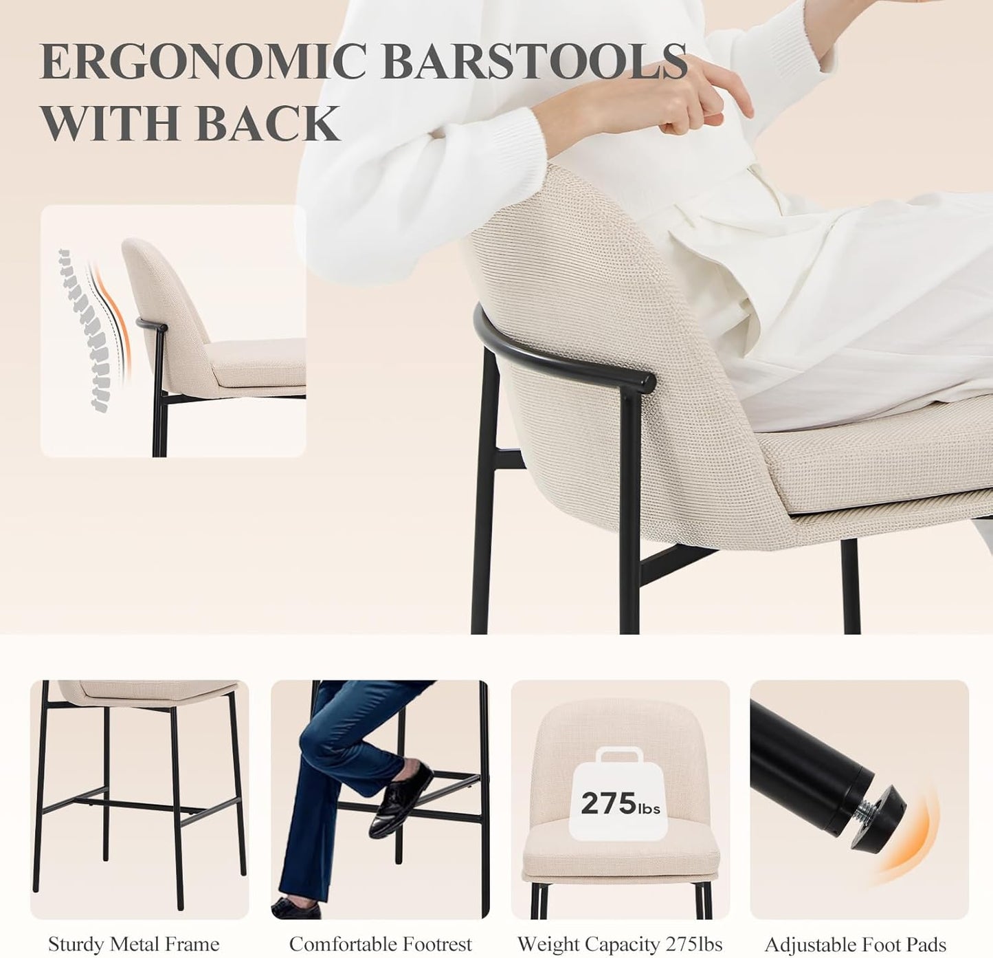 COLAMY Counter Height Bar Stools Set of 2, 25 Inch Modern Fabric Kitchen Island Stools with Back, Upholstered Counter Barstools Armless Bar Chairs with Metal Legs for Island Dining Room Bar, Beige