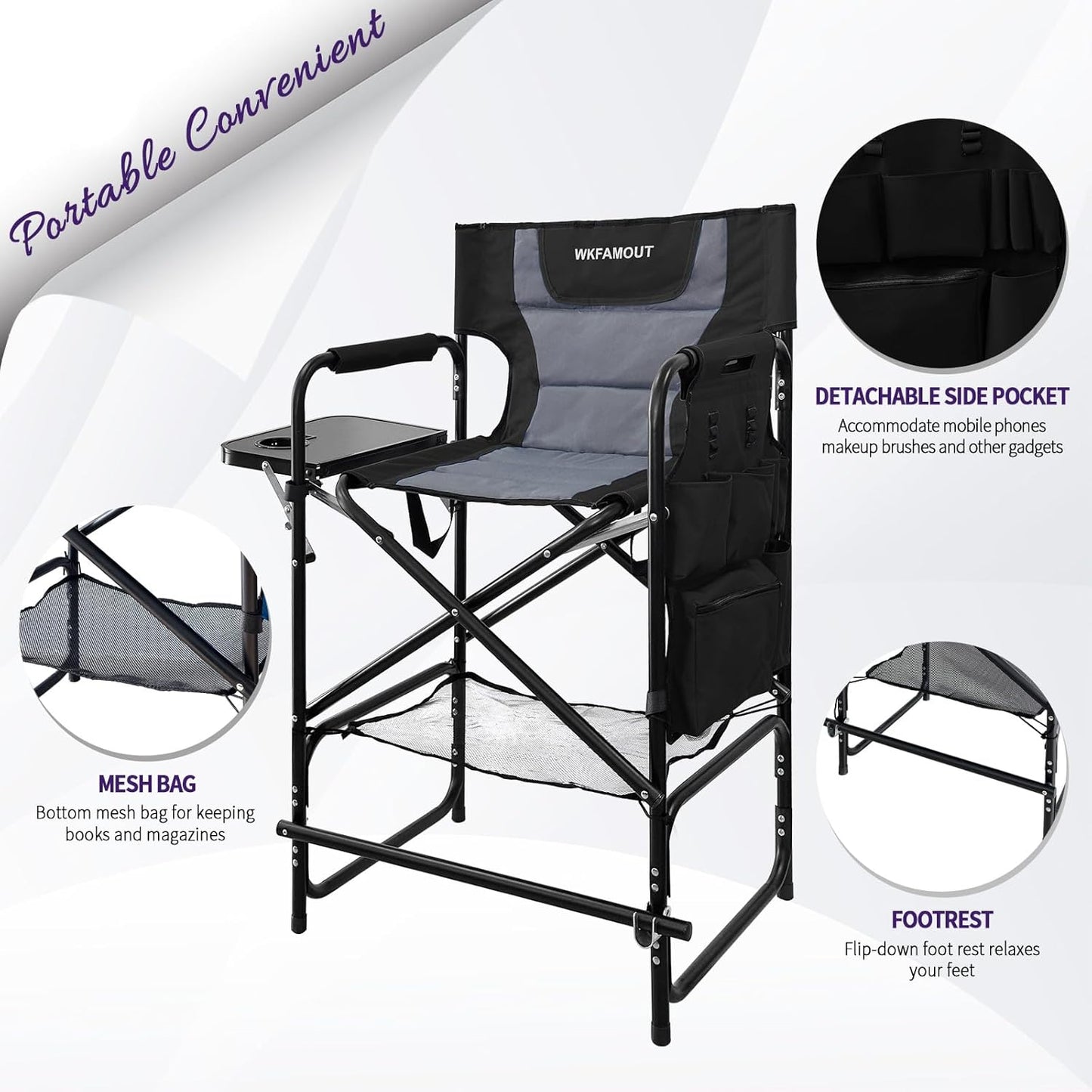 Tall Folding Directors Chair with Side Table 30.71" Seat Height Foldable Camping Chair Bar Stool for Makeup Artist Face Painting with Footrest and Storage Pocket Supports 350LBS