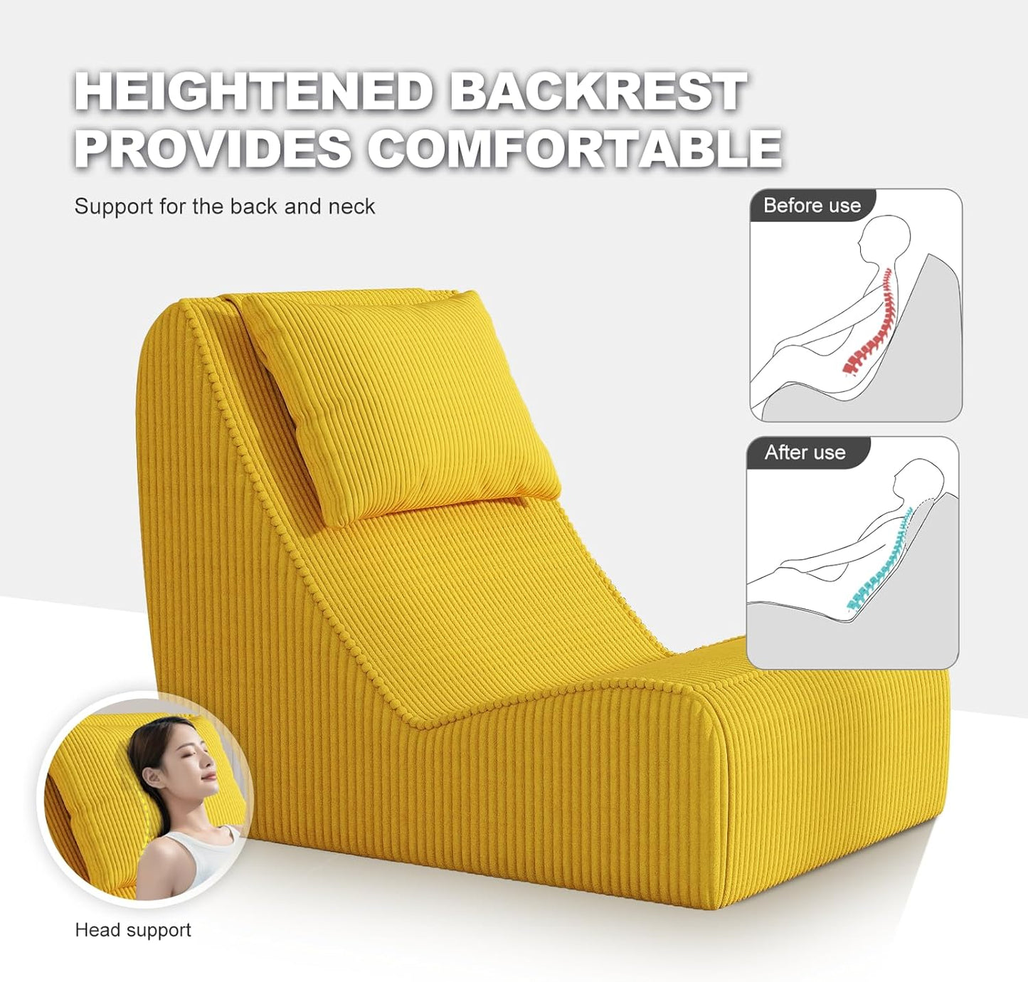 Giant Bean Bag Chair for Adults,Corduroy Chaise Lounge with Unrivaled Back Support, Detachable Neck Pillow, Comfortable Ottoman & Washable Cover for Living Room, Bedroom, Garden (Corn Yellow)