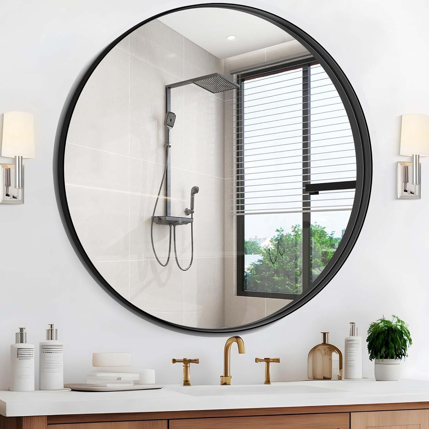 Black Round Mirror 42 inch Deep Frame Circle Mirror, Metal Frame Round Bathroom Mirror, Circle Mirrors for Wall Entryway Washroom Bedroom Living Room Hallway