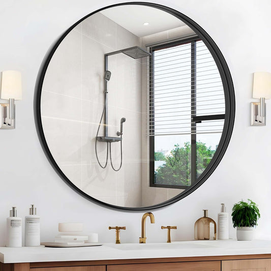 Black Round Mirror 42 inch Deep Frame Circle Mirror, Metal Frame Round Bathroom Mirror, Circle Mirrors for Wall Entryway Washroom Bedroom Living Room Hallway