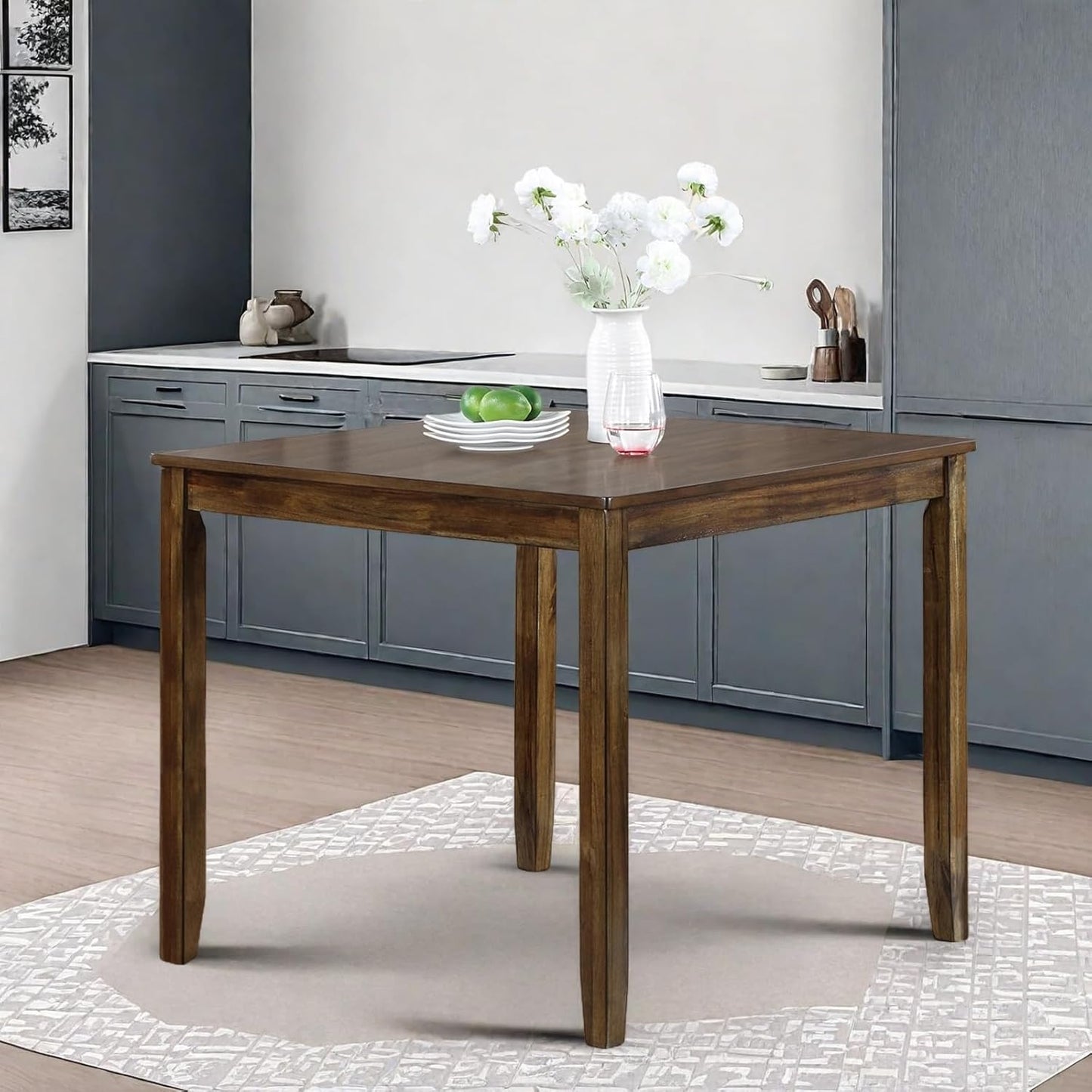 Dining Table for 4, Wooden Square Kitchen Table with Natural Woodgrain Finish, 34.5" MDF Modern Dining Table with Solid Wood Tapered Legs and Rounded Corners, Easy Assembly, Walnut