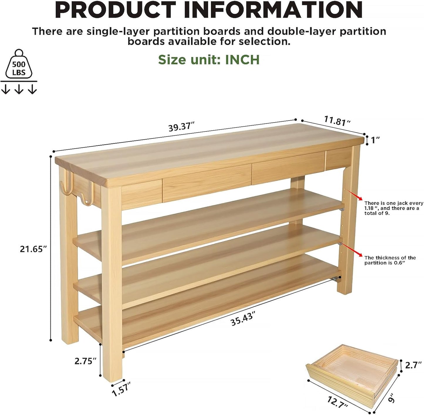 Wood Shoe Bench Entryway with Drawer: 3-Tiers Wooden Storage Shoe Rack with Bench Seat, Compact Mid-Century Modern Design for Entryway,Hallway,Closet,Front Door Entrance,Foyer Natural 39.3"