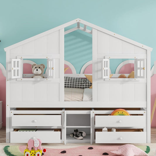 KEIKI Full Size Wooden House-Shaped Loft Bed with Roof, Windows, 4 Storage Drawers, Guardrail, Ladder, for Boys and Girls, Loft Bed with Slat, Easy Assembly, No Box Spring Required, for Bedroom, White