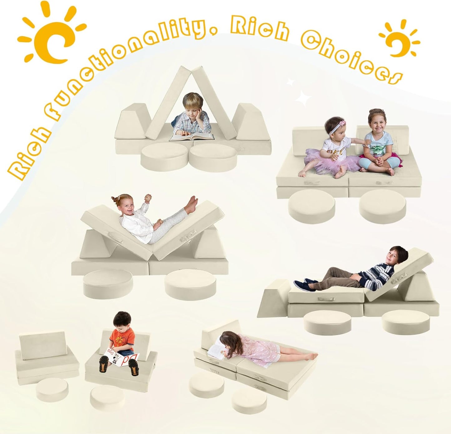 MeMoreCool Modular Kids Play Couch, Beige Foam Sofa and Fort Explorer Building Set for Toddlers and Playroom