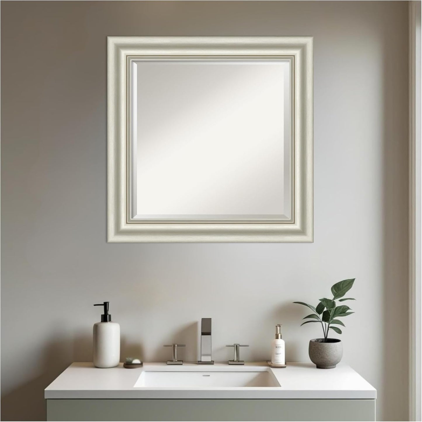 Amanti Art Bathroom Mirror for Over Sink, 26x26 Sophia Silver Square Vanity Mirror, Medium Traditional Frame, Hangs Horizonally and Vertically, Bathroom Wall Decor, Beveled Edge