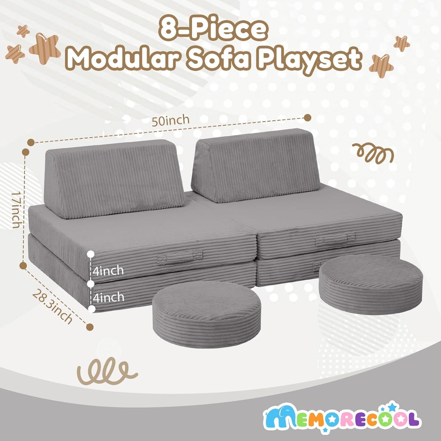 MeMoreCool Kids Couch for Playroom, Corduroy Convertible Toddler Couch, 8 Piece Modular Play Sofa, Foam Fort Building Set for Child Room Furniture, Light Grey