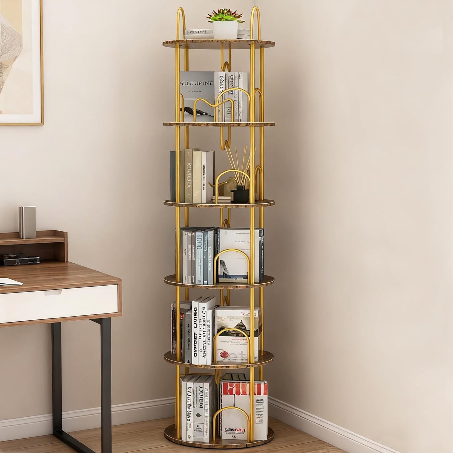 5 Tier Rotating Bookshelf, 360° Spinning Bookshelf Tower, Round Narrow Space Saving for Books and Display, Revolving Bookcase Corner Tall Book Shelf for Small Spaces, Bedroom, Living Room, Gold