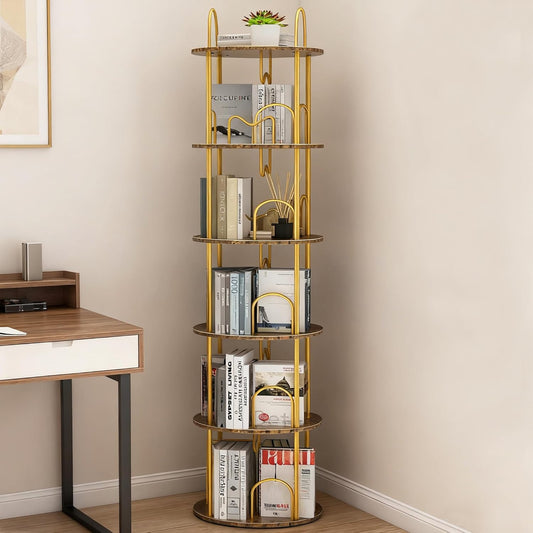 5 Tier Rotating Bookshelf, 360° Spinning Bookshelf Tower, Round Narrow Space Saving for Books and Display, Revolving Bookcase Corner Tall Book Shelf for Small Spaces, Bedroom, Living Room, Gold