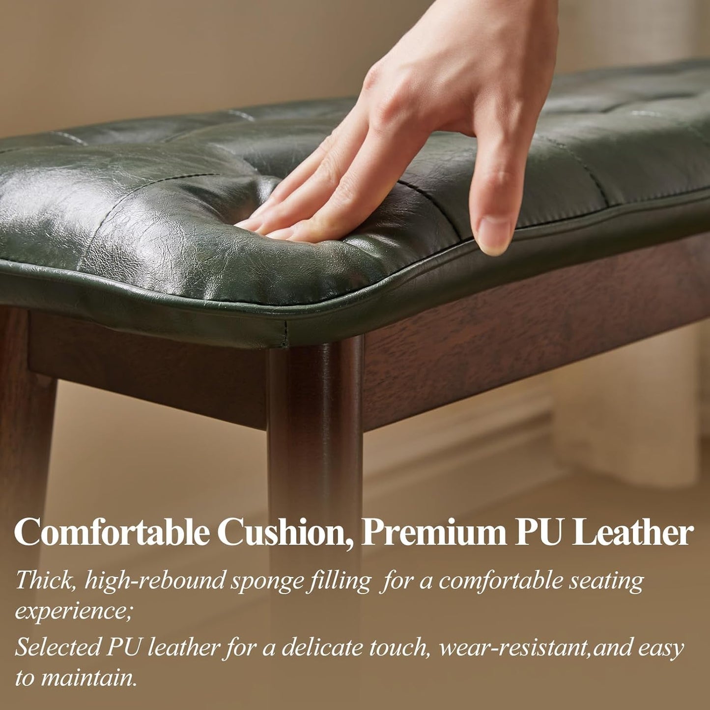 Entryway Bench, Solid Wood Dining Bench, Midcentury End of Bed Bench with PU Leather Padded Seat, Bedroom Bench, 47.24" L x 12.6" W x 17.72" H (Green)