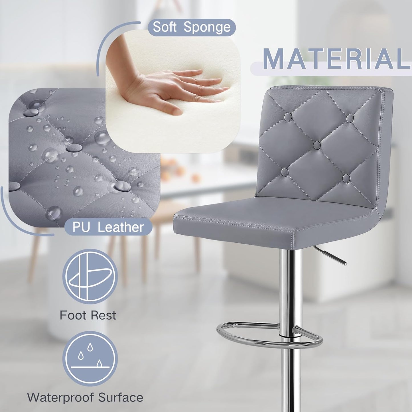 VECELO Adjustable Bar Stools Set of 2, Bar Height Stools for Kitchen Counter