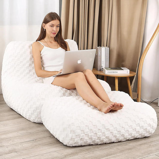 Bean Bag Chair with Footstool, Comfy Reading Sofa Chair for Adults, Modern Floor Sofa for Livingroom, Bedroom, Cream