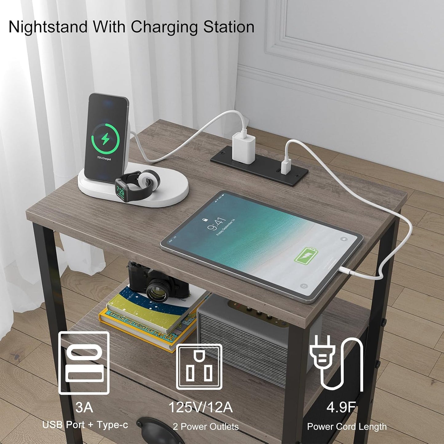 Nightstands Set of 2, Night Stands with Charging Station and Fabric Drawer, Grey Bedside Tables with Drawer, 2- Tier Side Table with Storage, Nightstands with Charging Station,Grey