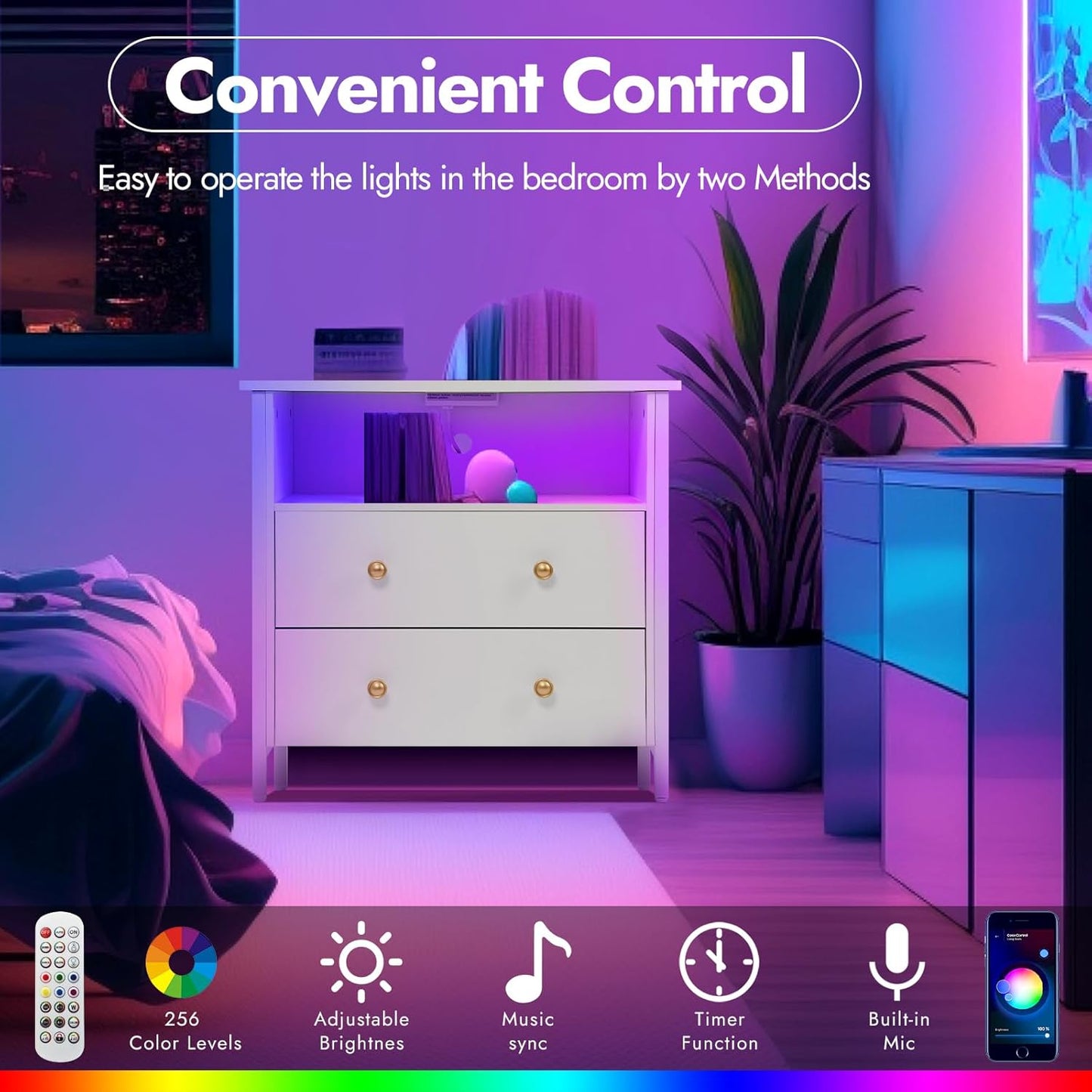 27 Inch Wide Night Stand, Large Wood Night Stand with 2 Drawers, LED Nightstand with Charging Station and Adjustable Drawer, Bedside Table for Living Room/Bedroom/Study/Office, White.