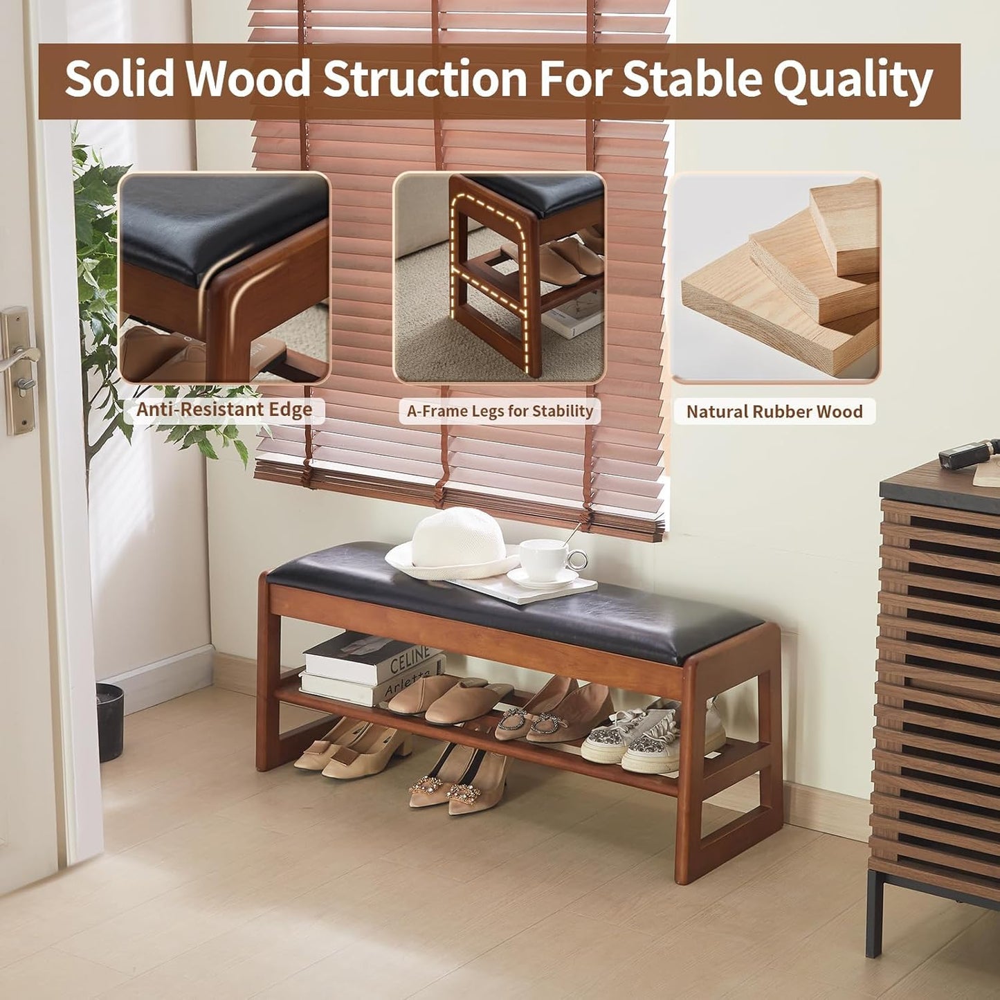 Shoe Rack Bench with Storage-Wood Shoe Bench for Entryway 40" 2 Tier Shoe Organizer with Cushion, PU Solid Wood LEDs Flip Top Entryway Shoe Organizer Space Saving Hallway