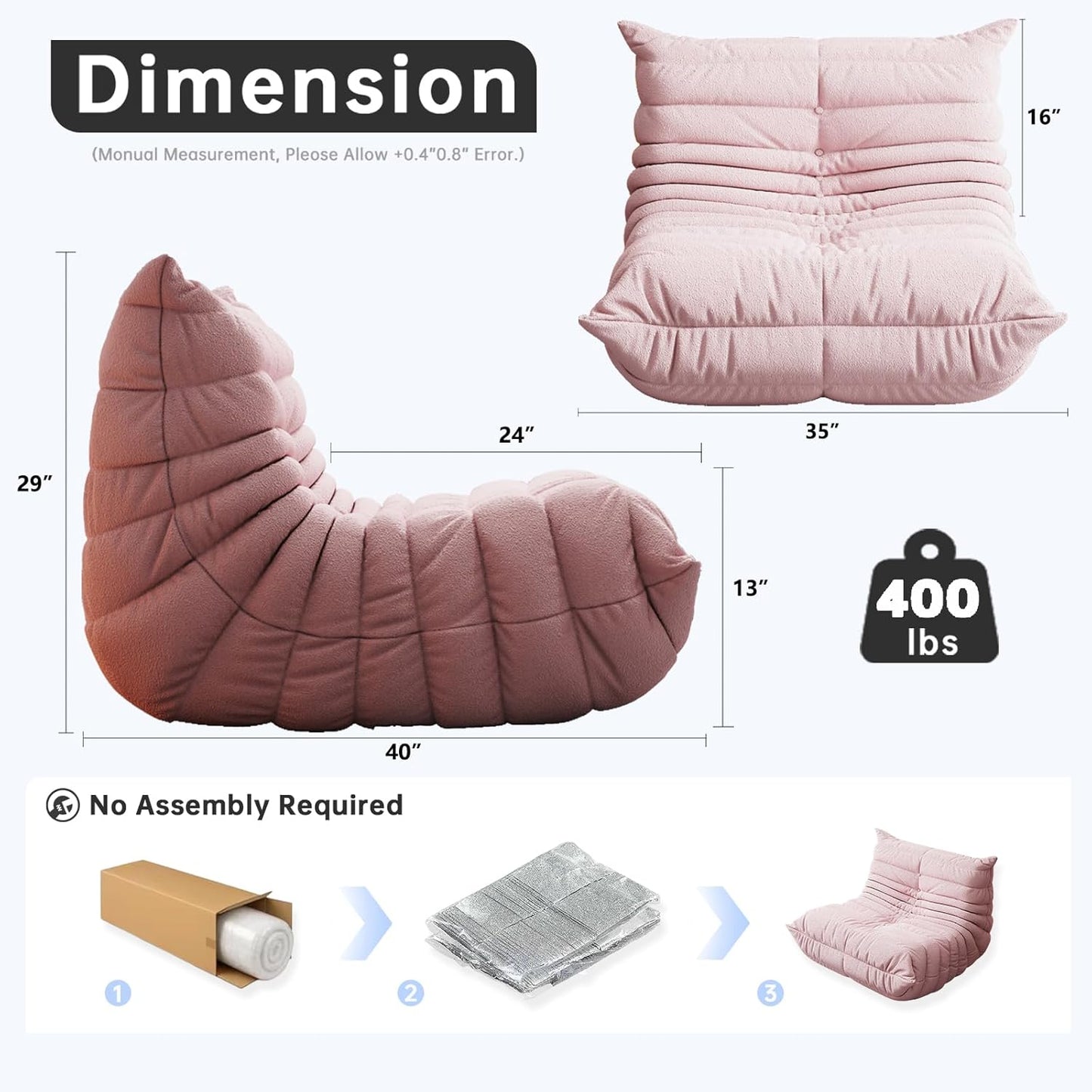 Bean Bag Chairs for Adults, BeanBag Reading Chair Memory Foam Couch, Floor Chair Soft Teddy Material, Comfy Reading Nook Chairs for Bedroom Living Room Office (Pink)