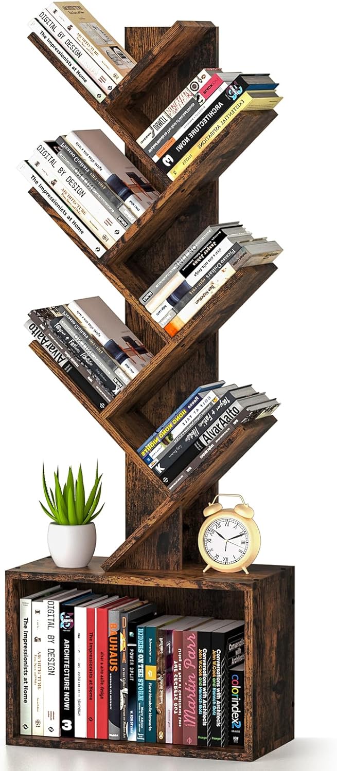 6 Tier Tree Bookshelf, Sturdy Retro Floor Standing Wood Bookcase, Storage Rack for Home Office, Living Room, Bedroom, Reading Spot, Heavy Book Organizer Shelves for CDs/DVDs/Movies