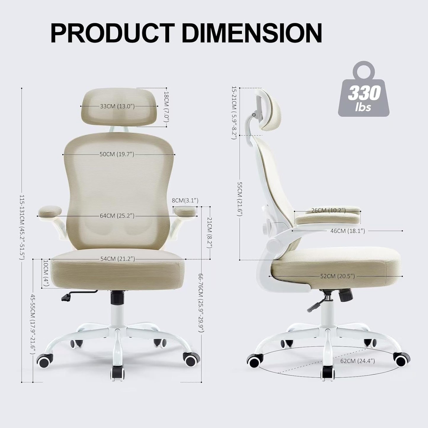 Ergonomic Office Chair,Ultra Thick Office Desk Chair with Adjustable Lumbar Support and Headrest,Spring Cushion,Rocking Function,Flip-up arms,Mesh Computer Chair for Home Office,Khaki
