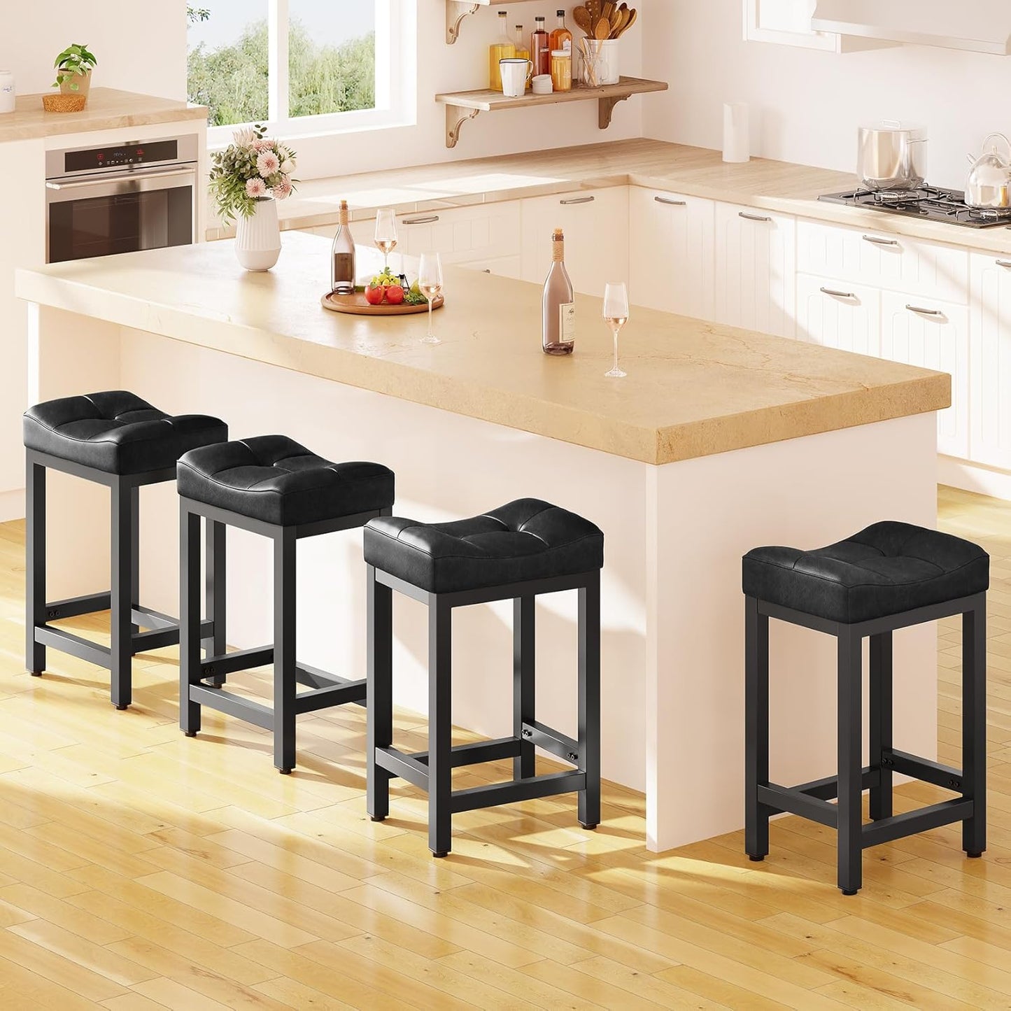 Dripex Modern Backless Bar Stools with 4" Thick Seats, Faux Leather Heavy Duty Saddle Counter Height Barstool with Solid Metal Legs for Kitchen Island, Black