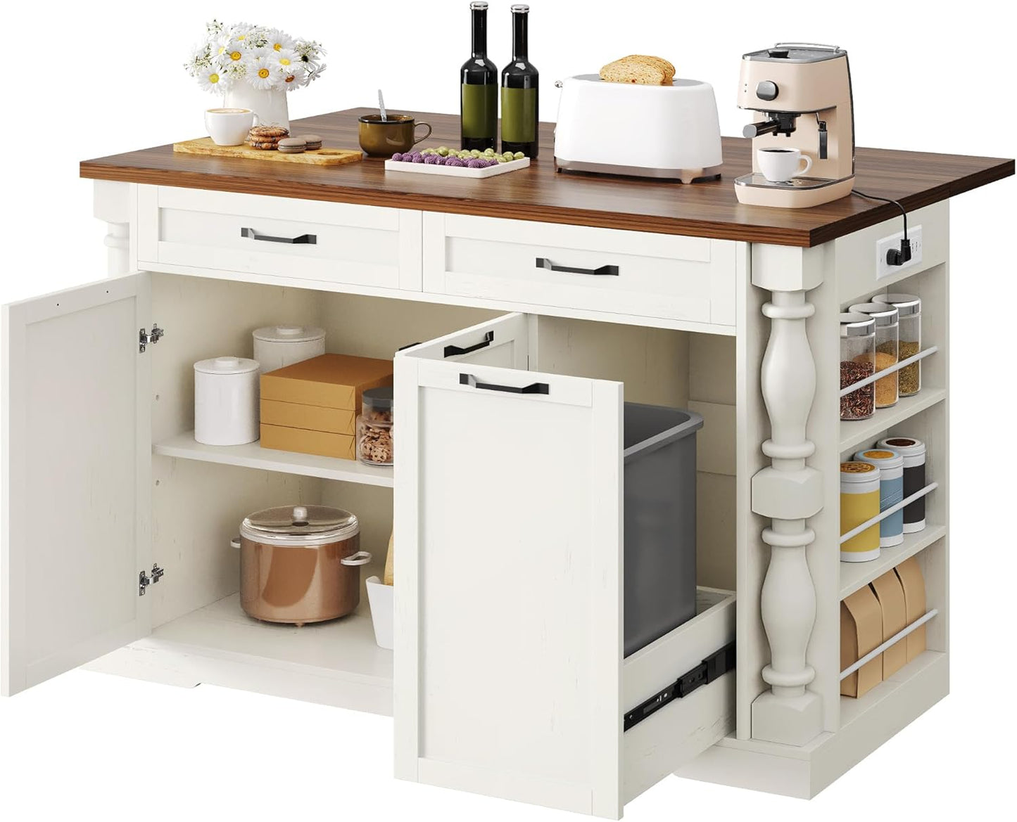 YITAHOME Americana Kitchen Island with Drop Leaf & Power Outlet, 47.6 inch Mobile Butcher Block Island Cart, Pull-Out Trash Can Storage, 3-Tier Spice Rack, White and Walnut