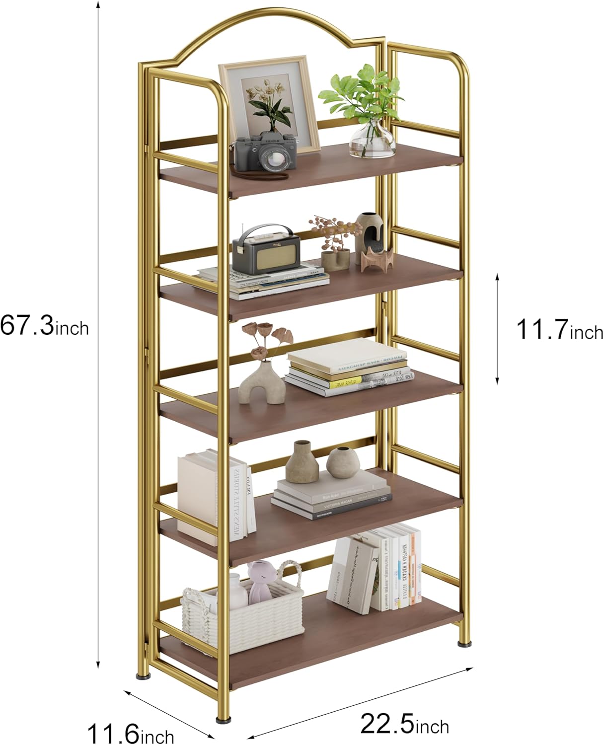 No-Assembly Gold Folding Bookshelf Storage Shelves 5 Tiers Vintage Multifunctional Plant Flower Stand Storage Rack Shelves Bookcase for Home Office