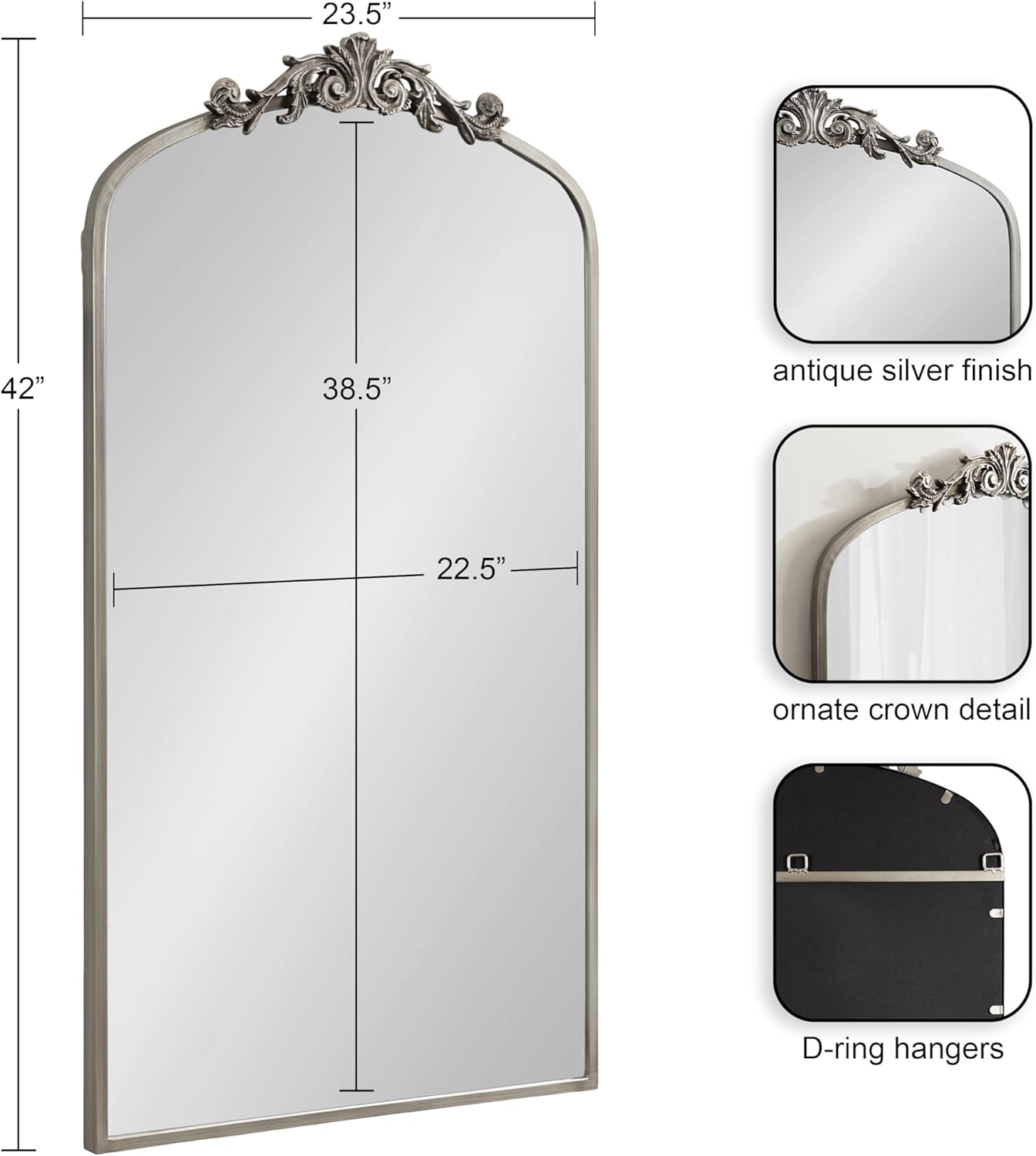 Kate and Laurel Arendahl Glam Arched Tall Panel Mirror; 24 x 42; Silver; Traditional Baroque Large Body Wall Mirror with Ornate Garland Inspired Crown
