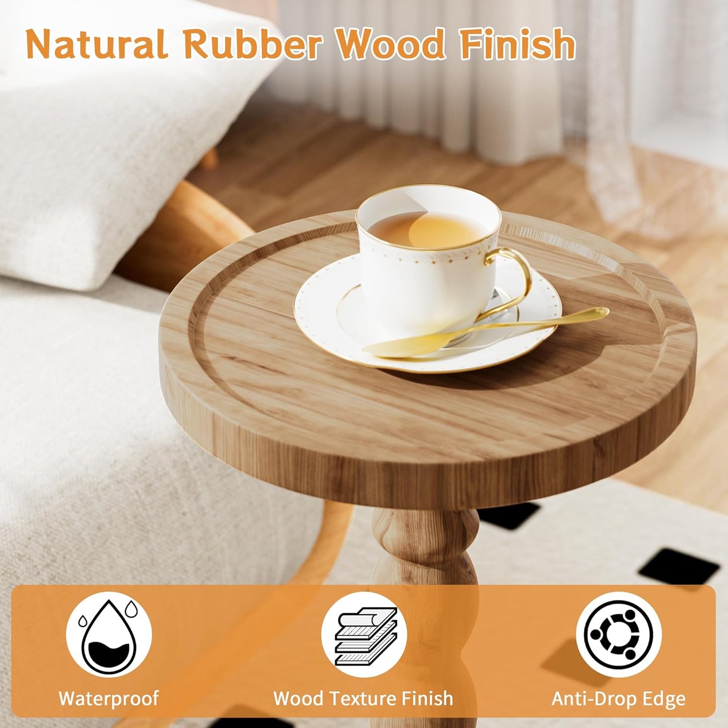 2 Pack Solid Wood Drink Table, Rubber Wood‌ Small Round Side Table for Small Spaces, Martini Tables, Pedestal End Tables for Living Room, Bedroom, Corners, and Office (Brown, 9.4 inch)