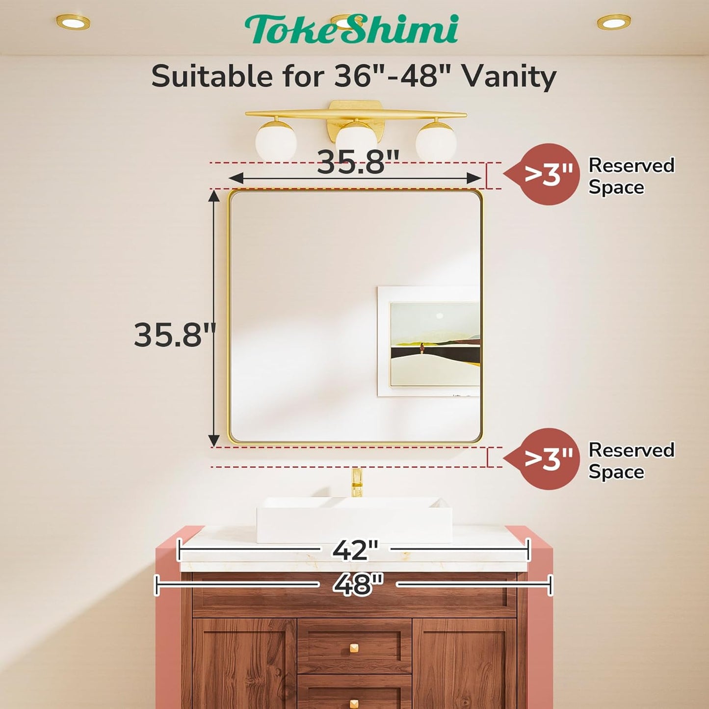 TokeShimi 36x36 Matte Black Bathroom Mirror,Bathroom Vanity Mirror Square,Tempered Glass,Black Framed Bath Mirror Wall(Horizontal/Vertical)