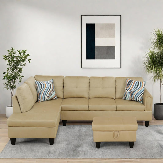 Modern Living Room Furniture Sets with Pillows, Modular Sectional Couches with Chaise Lounge, 4-Seaters L Shape Sofa with Storage Ottoman, for Living Room, Black