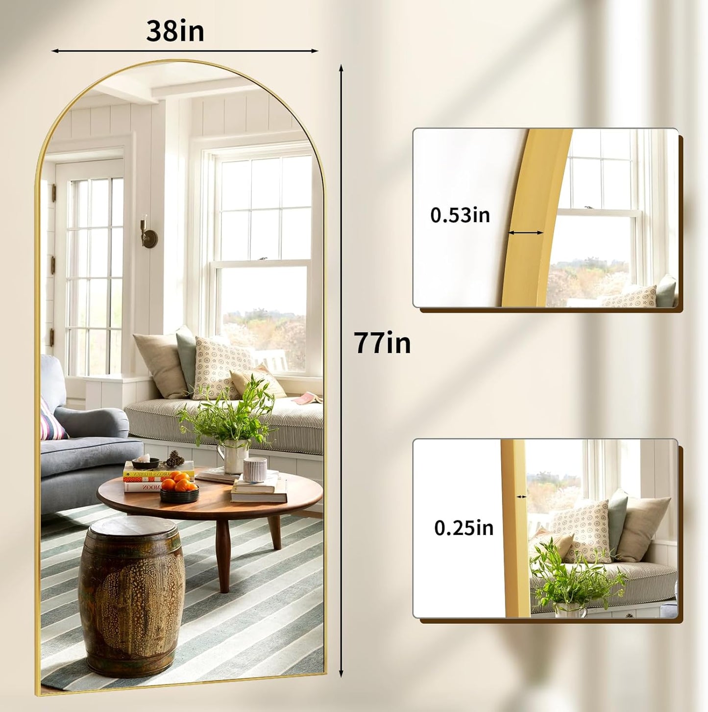 78"x38" Arched Full Length Mirror with HD Real Glass, Aluminum Frame, Shatter-Resistant, Wall Mounted or Standing, Gold Floor Mirror for Bedroom & Dressing Room