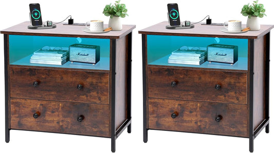 27 Inch Wide Night Stand, Large Wood Night Stand Set 2 with 2 Drawers, LED Nightstand with Charging Station and Adjustable Drawer, Bedside Table for Living Room/Bedroom/Study/Office, Retro.