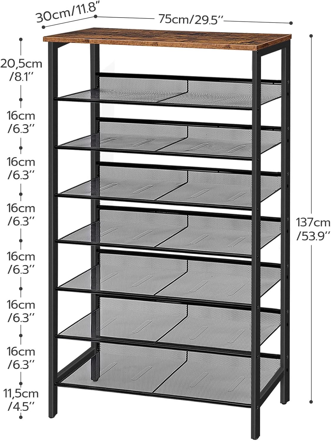 HOOBRO 8-Tier Shoe Rack, 29.5"L Shoe Shelf, Large Capacity Shoe Storage Organizer for 21-24 Pairs of Shoes, Front Door Entrance, Entryway, Hallway, Closet, Space Saver, Rustic Brown and Black BF18XJ01