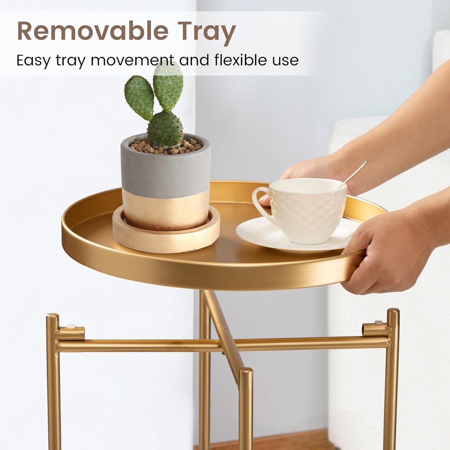 danpinera 2-Tier End Table, Outdoor Side Table Metal Round Side Table with Removable Tray, Small Folding Accent Table, Anti-Rust Nightstand for Bedroom Balcony Patio Living Room (Gold)