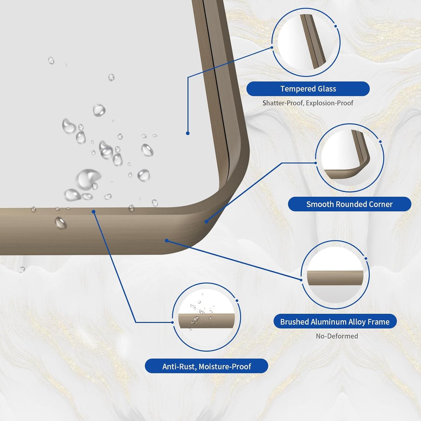 WEER Bronze Framed Modern Wall-Mounted Bathroom Mirror, 55"L x 36"W, Brushed Bronze Aluminum Frame, Shatterproof Tempered Glass, Rounded Rectangle, Horizontal/Vertical Mounting