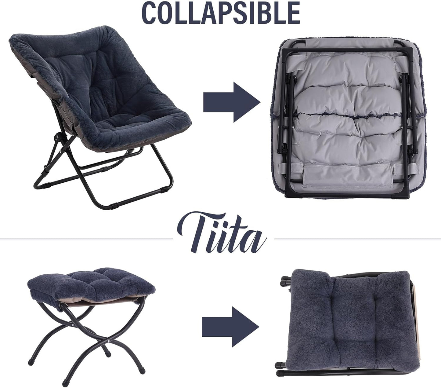 Tiita Folded Chair with Ottoman, Soft Faux Fur Oversized Folding Accent Chair,Lounge Lazy Chair, Metal Frame Moon Chair for Bedroom, Living Room, Dorm Rooms, Garden and Courtyard