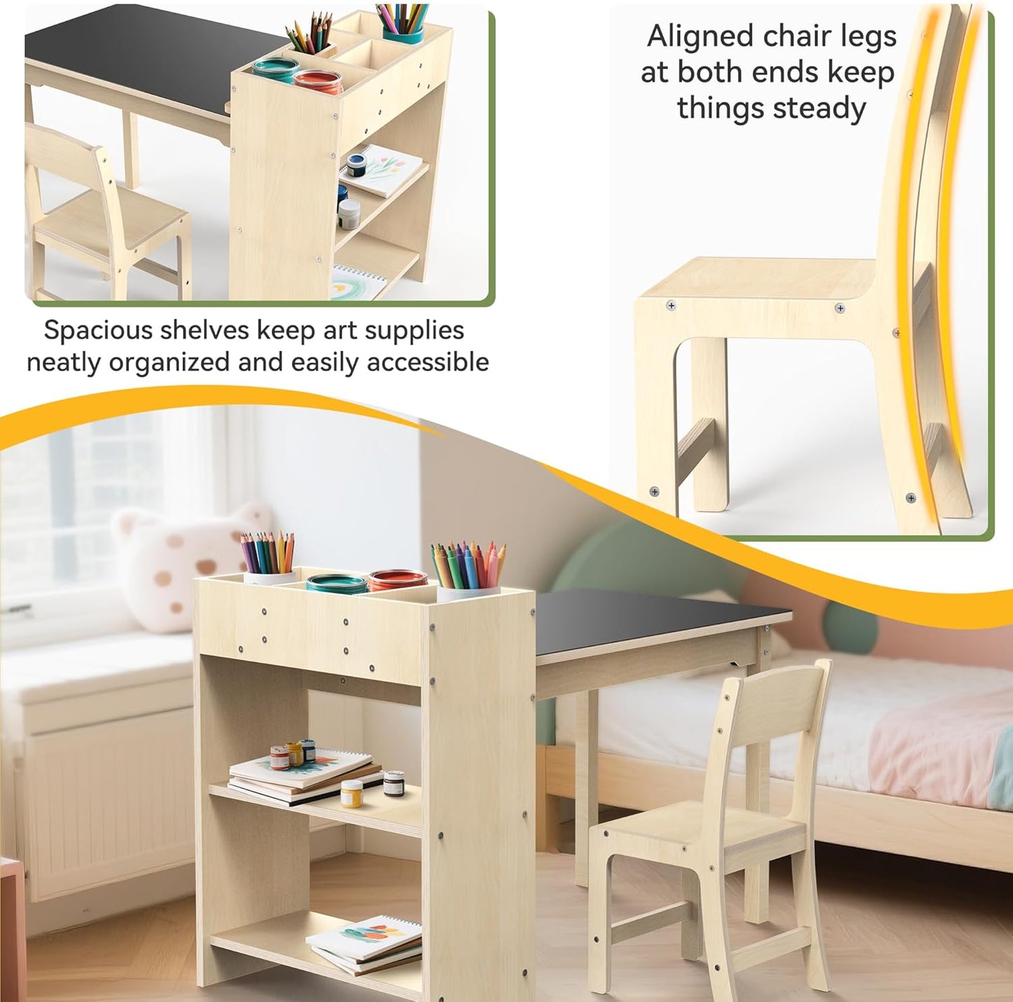 Kids Art Table and Chair Set, Sturdy Beech Wood Study Desk for Children’s Drawing, Learning & Play - Multi-Functional Activity Table for Home,Toddler Desk with Storage and 1 Chair