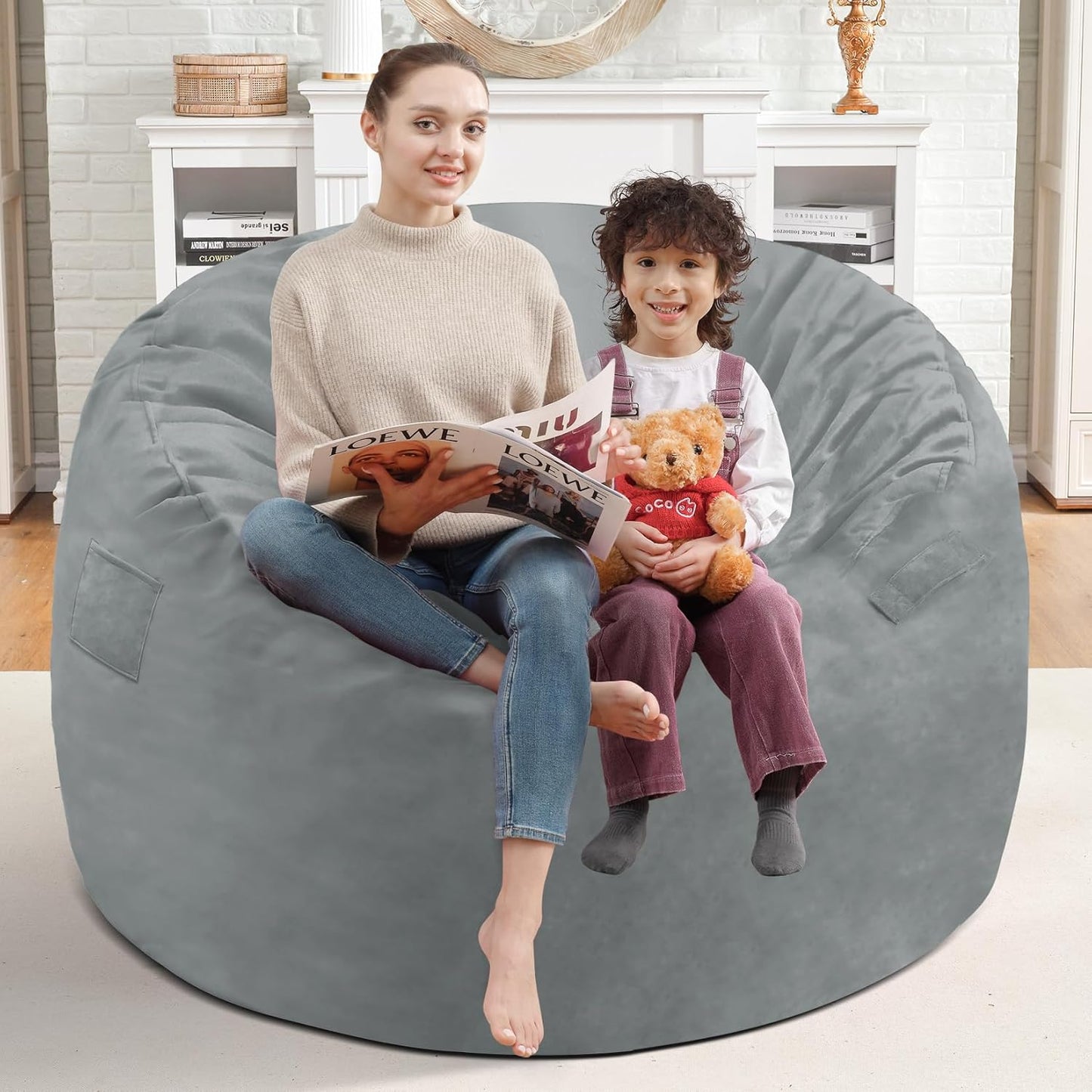 3FT Bean Bag Chair, Comfy Bean Bag Chairs with Memory Foam Filled, Fluffy Beanbag Sofa with Dutch Velvet Cover, Round BeanBag Chairs for Living Room, Playroom - Light Grey