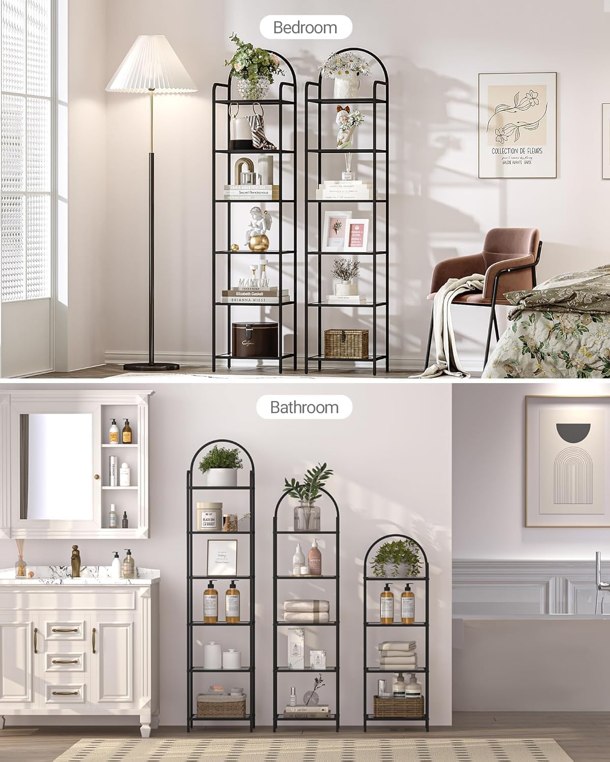 Bookcase Bookshelf, Tempered Glass Bookshelves, Slim Shelving Unit for Bedroom, Bathroom, Home Office, Steel Frame, 6 Tier Black BC10601B