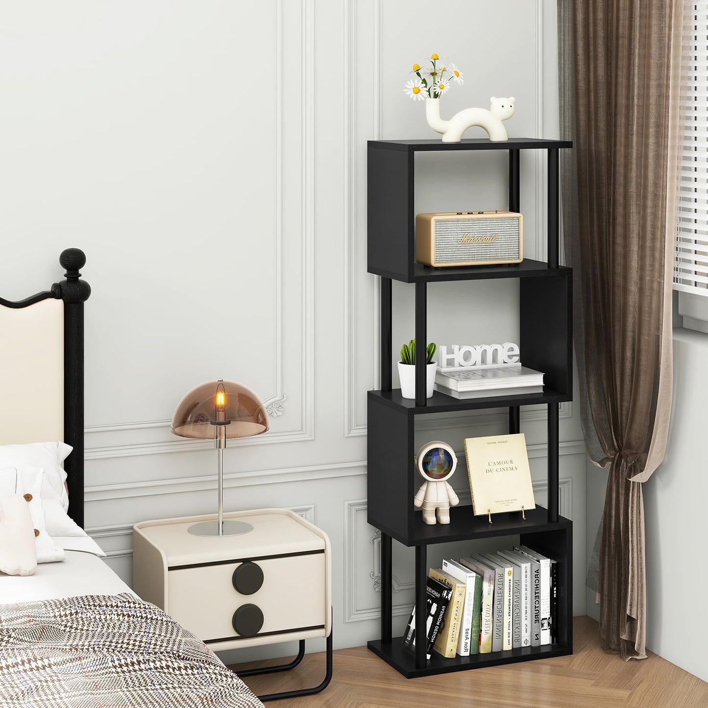 IBUYKE 5-Tier Tall Bookshelf,S-Shaped Geometric Bookcase, Wood Display Shelves with Storage,Modern Bookshelf for Living Room Bedroom, Home Office, Black WBC015B