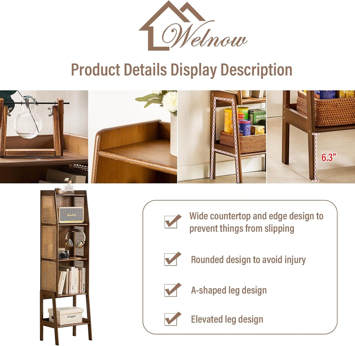 Welnow Bamboo Rattan Bookcase with Cabinet, 3-Tier Storage Shelf with Side Table & End Table Function, Large Modern Wood Organizer for Living Room or Bedroom, Walnut Bookshelf