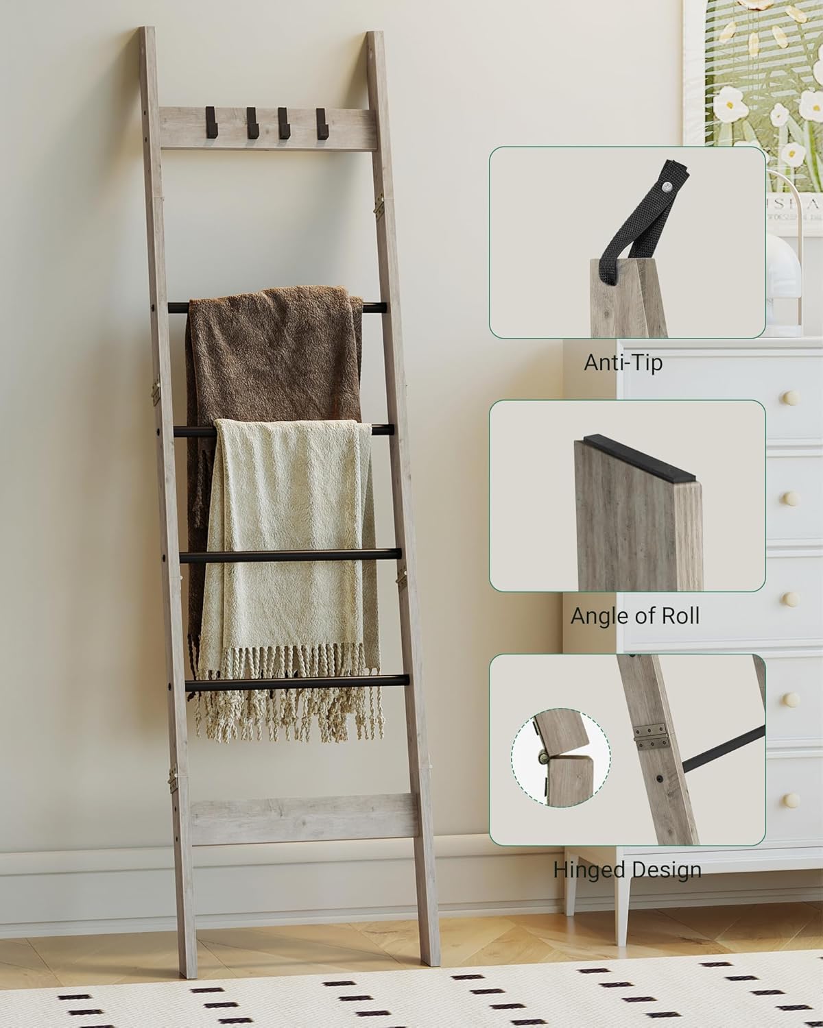 Blanket Ladder for Living Room, Decorative Quilt Rack with 4 Removable Hooks, 6-Tier Farmhouse Ladder Holder Shelf Organizer for Bedroom, Greige and Black BR31505B