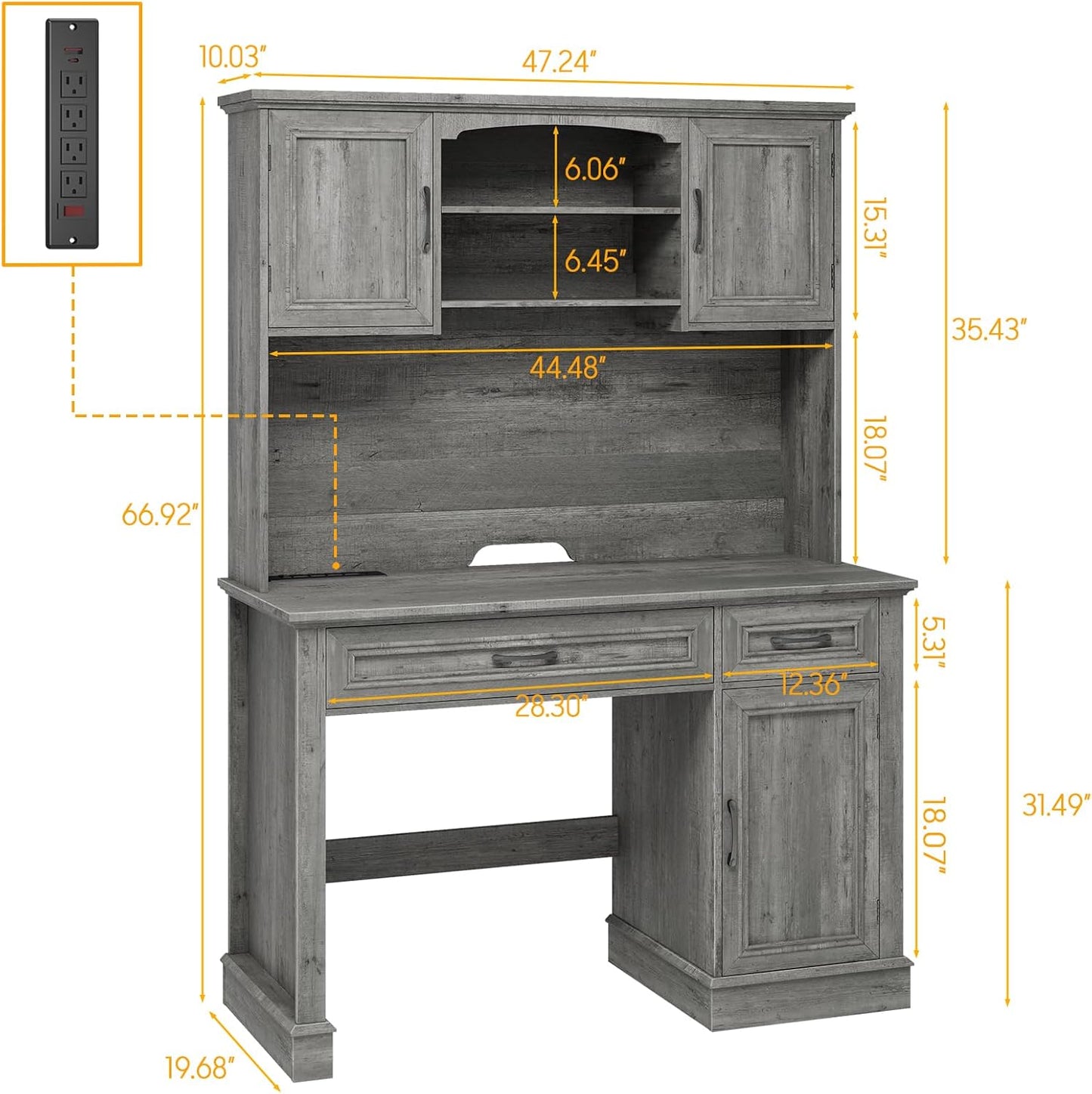 Farmhouse 47" Executive Desk with Hutch, 2 Drawers and LED Light, Computer Desk with Storage Cabinet and Charging Station,Workstation for Home Office and Study.Grey
