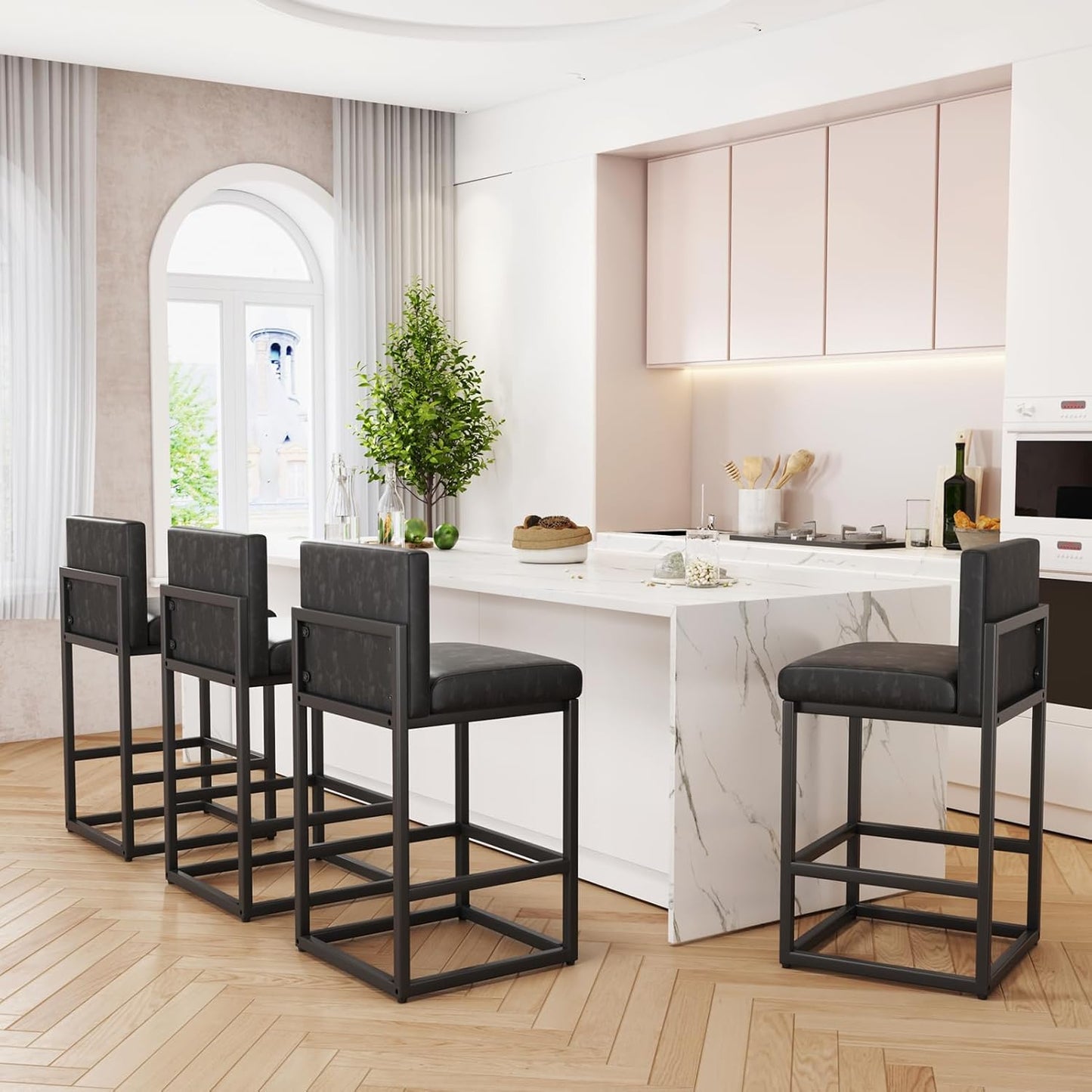 Barstools Set of 2 Black Metal Bar Stools Modern Bar Chairs Pu Leather for Kitchen Island Counter Height Cafe Resturant Stools, 26 Inch