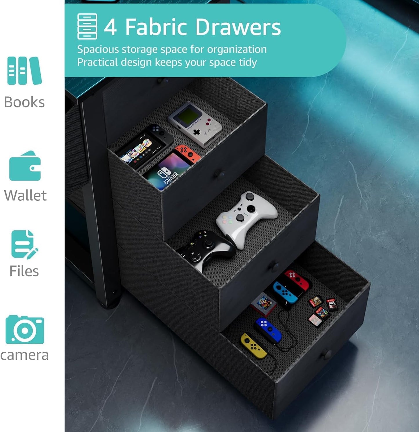 Lufeiya Black L Shaped Desk with Led Lights and Power Outlets, 47 Inch Writing Study Computer Gaming Desks with Fabric Drawers for Bedroom, Home Office Corner Desk with Monitor Stand Shelves, Black